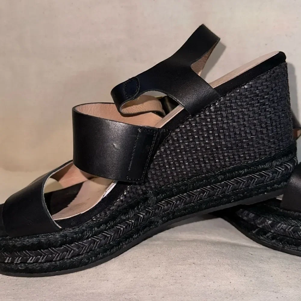 Dione Made in Spain Black Leather Espadrille Wedge Sandals EU39 Stylish & Rare